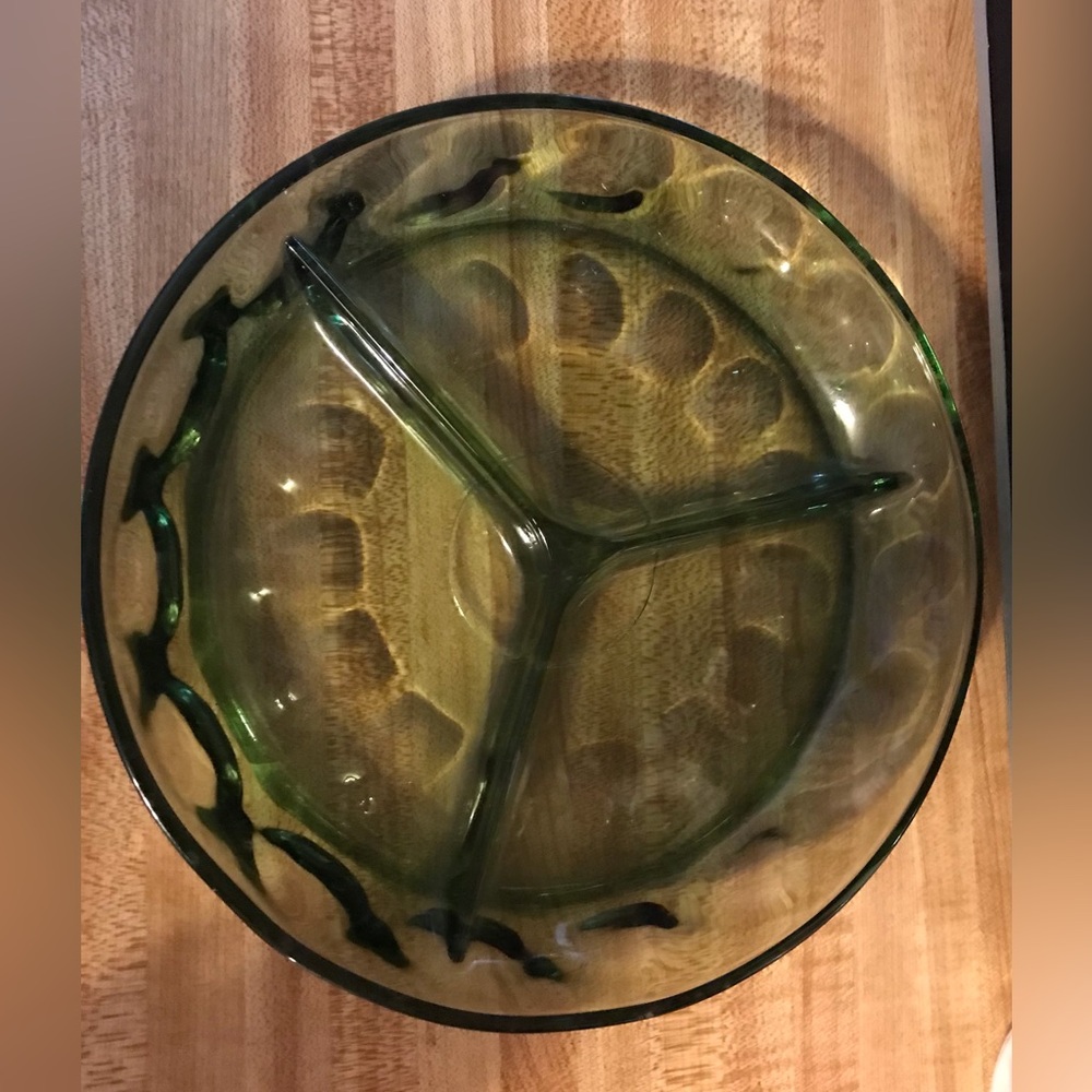 Mid-century Style-Decorative Green Glass Divided Candy Dish vintage kitchen. VTG